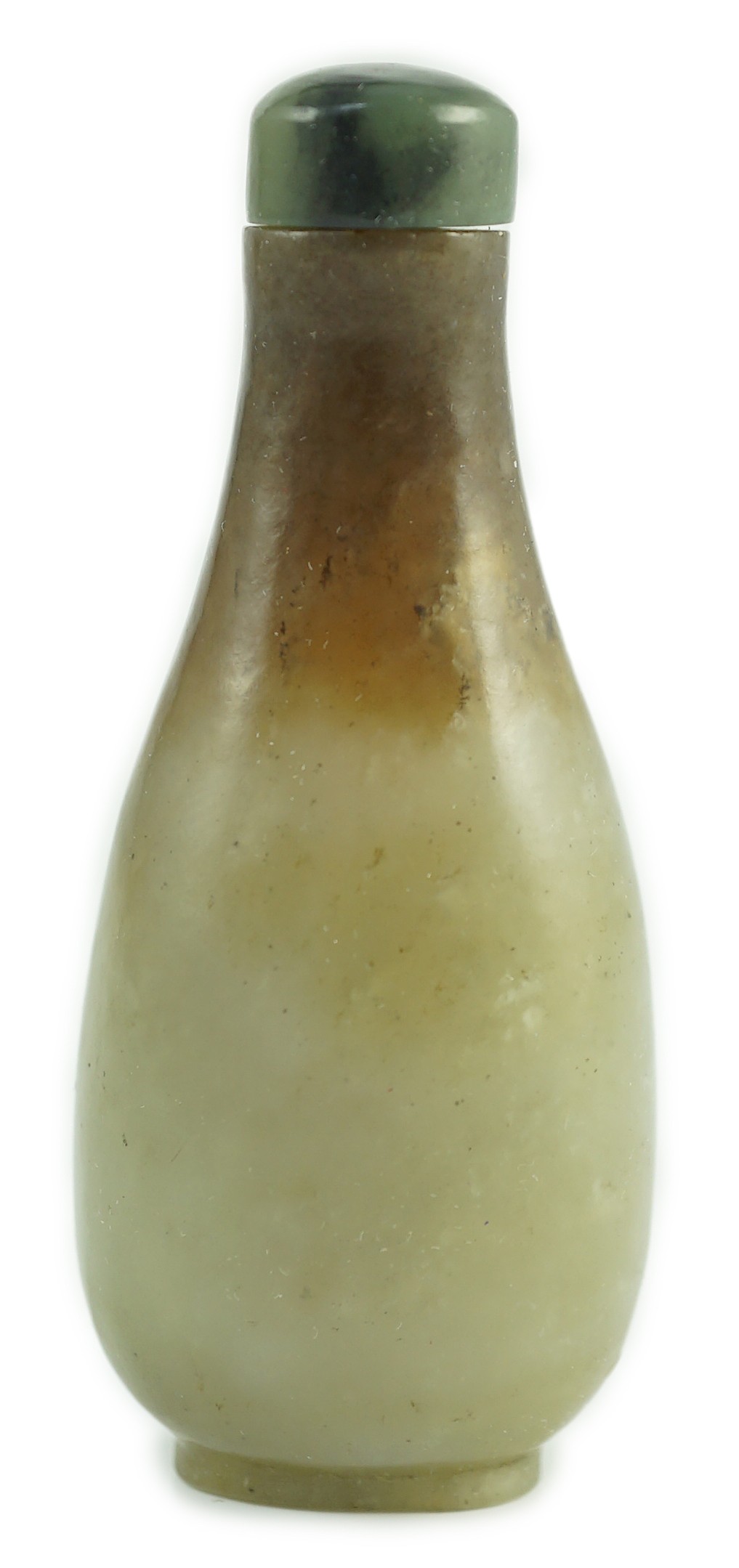 A Chinese celadon and brown jade pear form snuff bottle, 19th century, 7.2cm high